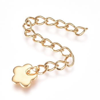 304 Stainless Steel Chain Extender, Curb Chain, with Charms, Flower, Golden, 56mm, Link: 4x3x0.5mm, Charm: 7x7x1.2mm.