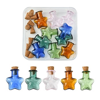 10Pcs 5 Colors Mini High Borosilicate Glass Bottle Bead Containers, Wishing Bottle, with Cork Stopper, Star, Mixed Color, 2.35x2.05cm, 2pcs/color