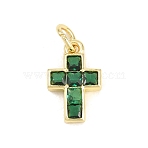 Brass Micro Pave Cubic Zirconia Pendants, Cross Charm, Long-Lasting Plated, Rack Plating, Lead Free & Cadmium Free, Real 18K Gold Plated, Green, 14x8.5x2.5mm, Hole: 3.5mm(KK-F938-24A-G)