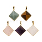 Natural Mixed Stone Pendants, Brass Bezeled Pyramid Charms, Rack Plating, Golden, 29.5x26x12mm, Hole: 6.5x4.5mm(G-H359-03G)