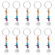 16Pcs 7 Chakra Natural & Synthetic Gemstone Chips Keychains, with Alloy Pendants and 304 Stainless Steel Findings, Flat Round with Tree of Life, 8.3cm(KEYC-UN0001-17)