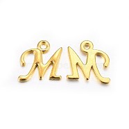 Golden Plated Alloy Letter Pendants, Rack Plating, Cadmium Free & Lead Free, Letter.M, 13x13x2mm, Hole: 1.5mm(PALLOY-J718-01G-M)