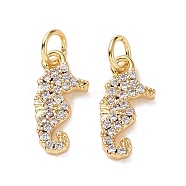 Brass Charms, with Micro Pave Cubic Zirconia and Jump Rings, Sea Horse, Clear, Golden, 11x6x1.2mm, Hole: 3.5mm(ZIRC-L070-70G)