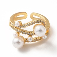 Cubic Zirconia Chunky Open Cuff Ring with Imitation Pearl, Real 18K Gold Plated Brass Jewelry for Women, Lead Free & Cadmium Free, White, US Size 6(16.5mm)(RJEW-H101-20G)