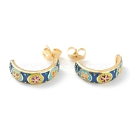 Semicircular Brass Enamel Half Hoop Earrings, with Ear Nuts, Flower, Colorful, Golden, 17x5mm, Pin: 0.7mm(EJEW-L234-039G)