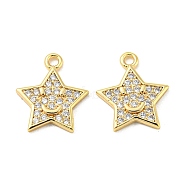 Brass Micro Pave Clear Cubic Zirconia Charms, Star with Smile Face, Real 18K Gold Plated, 13x11x1.5mm, Hole: 1.2mm(KK-H460-17G)
