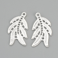Brass Pendants, Leaf, Silver Color Plated, 28.5x15.5x1.5mm, Hole: 2mm(KK-S329-01S)