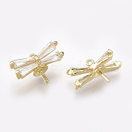Brass Charms Peg Bails, For Half Drilled Beads, with Cubic Zirconia, Dragonfly, Clear, Real 18K Gold Plated, 8x13x5.5mm, Hole: 0.7mm, pin: 0.8mm(KK-S348-207)