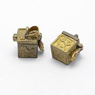 Brass Prayer Box Pendants, Lead Free & Cadmium Free & Nickel Free, Cube, Raw(Unplated), 15.5x15x10mm, Hole: 4x6mm; Inner: 7x7mm(KK-F722-30C-RS)