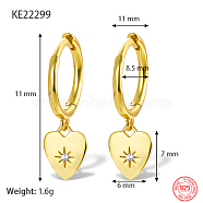 Real 18K Gold Plated 925 Sterling Silver Dangle Hoop Earrings for Women, Heart, 11mm(GN7396-6)