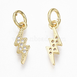 Brass Micro Pave Cubic Zirconia Charms, with Jump Ring, Nickel Free, Lightning, Clear, Real 18K Gold Plated, 13x4.5x1.5mm, Hole: 3mm(ZIRC-R109-017G-NF)