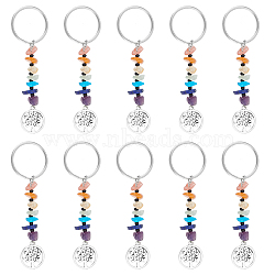 16Pcs 7 Chakra Natural & Synthetic Gemstone Chips Keychains, with Alloy Pendants and 304 Stainless Steel Findings, Flat Round with Tree of Life, 8.3cm(KEYC-UN0001-17)