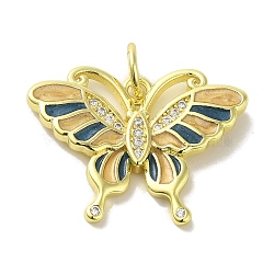 Brass Enamel Micro Pave Cubic Zirconia Pendants, Real 18K Gold Plated Butterfly Charms, with Jump Ring, Steel Blue, 18x23.5x2.5mm, Hole: 4.2mm(KK-Z042-11G-01)