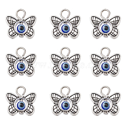 30Pcs Tibetan Style Alloy & Evil Eye Resin Pendants, with Platinum Tone Iron Loops, Butterfly Charms, Antique Silver, 15x15.5x4mm, Hole: 2.5mm(PALLOY-CJ0002-73)