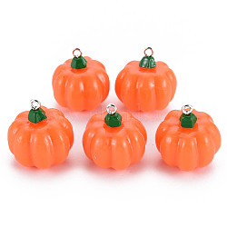 Autumn Theme Opaque Resin Pendants, with Platinum Tone Iron Loop, Pumpkin, Coral, 24.5x23.5mm, Hole: 2mm(RESI-S356-079)