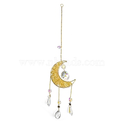 Wire Wrapped Natural Citrine Chip Moon Pendant Decoration, with Glass Cone/Teardrop Charm and Brass Findings, for Home Hanging Decoration, 470~473mm(HJEW-C006-03C)