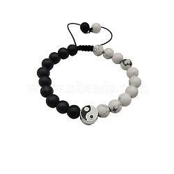 Natural Howlite & Frosted Black Agate Braided Bead Bracelet, Yin Yang Adjustable Bracelet, White(ZE0414)