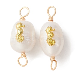 Natural Freshwater Pearl Copper Wire Wrapped Connector Charms, Oval Lins with Alloy Sea Horse Slice, Golden, 17~18.5x9~9.5x10~10.5mm, Hole: 2.5~3mm(PALLOY-JF02152)