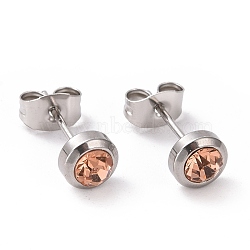 Rhinestone Column Stud Earrings, Stainless Steel Color Plated 304 Stainless Steel Jewelry for Women, Light Peach, 15x6mm, Pin: 0.8mm(EJEW-H357-04P-03)