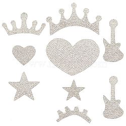 7 Style Glitter Rhinestone, Iron on Patches, with Self-Adhesive, Dress Shoes Garment Decoration, Crown & Star & Heart & Eyelash & Guitar & Crown, Crystal, 24~75x33~80x1.5~2mm, 9pcs/bag(DIY-FH0003-50)