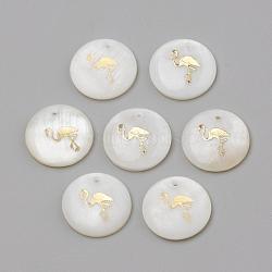 Freshwater Shell Pendants, Flat Round & Flamingo Shape, Golden, 16x3.5~4mm, Hole: 1.2mm(SHEL-Q010-003G)