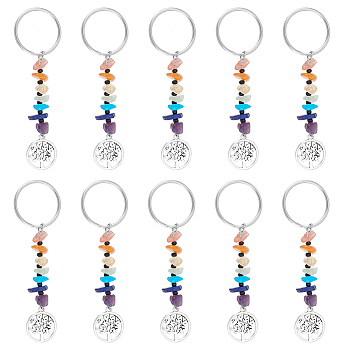 16Pcs 7 Chakra Natural & Synthetic Gemstone Chips Keychains, with Alloy Pendants and 304 Stainless Steel Findings, Flat Round with Tree of Life, 8.3cm