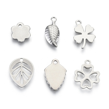 201 Stainless Steel Charms, Laser Cut, Leaf & Clover, Stainless Steel Color, 9~14x6~11x0.5~1mm, Hole: 0.8~1.4mm, 6 patterns, 1 pattern/200pcs