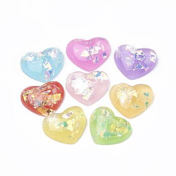 Resin Cabochons, with Shell Chip, Heart, Mixed Color, 13x16x5mm