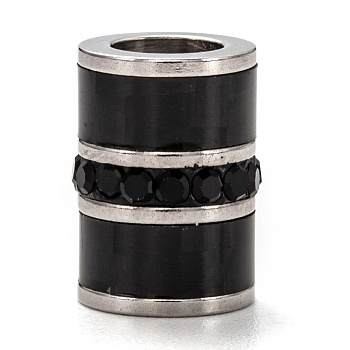 304 Stainless Steel Beads, Large Hole Beads, with Jet Rhinestone, Column, Electrophoresis Black & Stainless Steel Color, 14.5x10.5mm, Hole: 6.5mm