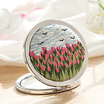 Tulip Pattern DIY Folding Mirror Embroidery Kit, including Embroidery Needles & Thread, Cotton Fabric, Flower, 150x150mm