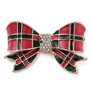 Zinc Alloy Crystal Rhinestone Bowknot Brooches, Enamel Pins for Women, FireBrick, Tartan, 36.5x56mm