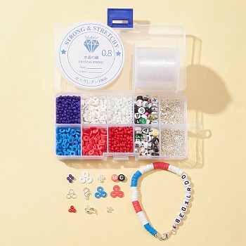 DIY Independence Day Bracelet Necklace Making Kits, Including Glass Seed & Polymer Clay Disc & Acrylic Letter Beads, Alloy Clasps, Mixed Color, 3mm, Hole: 1mm