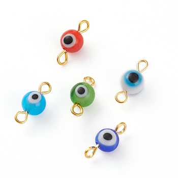 Handmade Evil Eye Lampwork Links Connectors, with Golden Tone Iron Eye Pin Findings, Mixed Color, 14x6mm, Hole: 1.5mm