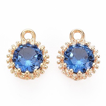 Brass Micro Pave Cubic Zirconia Charms, Nickel Free, Real 18K Gold Plated, Faceted Flat Round, Dodger Blue, 9x7x4mm, Hole: 1.2mm