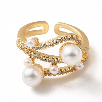 Cubic Zirconia Chunky Open Cuff Ring with Imitation Pearl, Real 18K Gold Plated Brass Jewelry for Women, Lead Free & Cadmium Free, White, US Size 6(16.5mm)