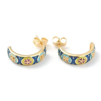 Semicircular Brass Enamel Half Hoop Earrings, with Ear Nuts, Flower, Colorful, Golden, 17x5mm, Pin: 0.7mm