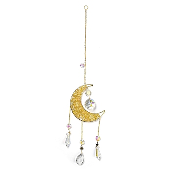 Wire Wrapped Natural Citrine Chip Moon Pendant Decoration, with Glass Cone/Teardrop Charm and Brass Findings, for Home Hanging Decoration, 470~473mm