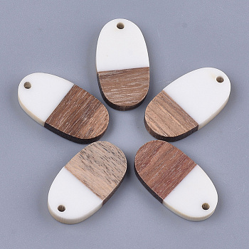 Resin & Walnut Wood Pendants, Oval, White, 27.5x15x3.5~4.5mm, Hole: 1.8mm