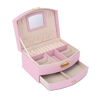 2-Tier Imitatoin Leather Jewelry Organizer Storage Drawer Boxes, with Mirror Inside, Rectangle, Pearl Pink, 20x16x10.5cm