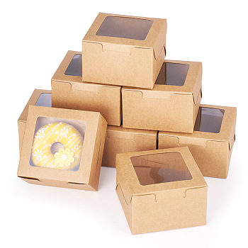 Square Paper Biscuit Boxes with Square Clear Window, for Party, Wedding, Bakery Box, Tan, 10x10x6.5cm, Window: 71x71mm