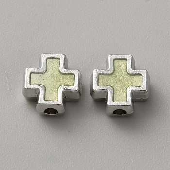 Alloy Enamel Beads, Cross, Platinum, Yellow Green, 8x7.5x3.5mm, Hole: 1.7mm