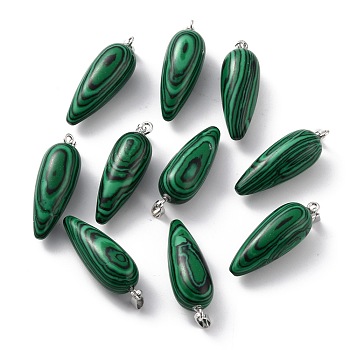 Synthetic Malachite Pointed Pendants, with Platinum Brass Findings, Bullet, 32~33x12mm, Hole: 2.5x6mm