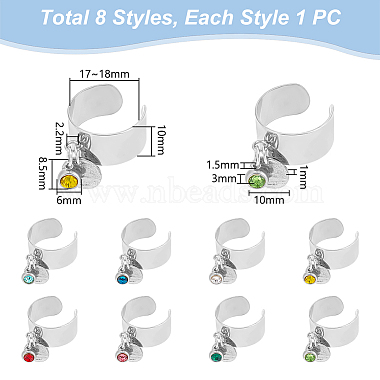 8Pcs 8 Color Birthstone Rhinestone & 201 Stainless Steel Flat Round Charm Rings Set(RJEW-AB00004)-3