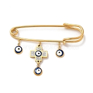 Ion Plating(IP) 304 Stainless Steel Kilt Pin, Enamel & Rhinestone Evil Eye Cross Charm Brooch for Backpack Clothes, Golden, 39x50.5x7mm(STAS-D089-32G)