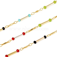 3.28 Feet Brass Bar Link Chains, with Glass Beads, Soldered, Long-Lasting Plated, Rondelle, Colorful, Real 18K Gold Plated, 10x2mm, 9x2mm(X-CHC-I033-02G)