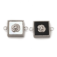 304 Stainless Steel Connector Charms, with Black Acrylic & Shell, Square Links with Rose, Stainless Steel Color, 10.5x15.5x3mm, Hole: 1.5mm(STAS-A079-05P)