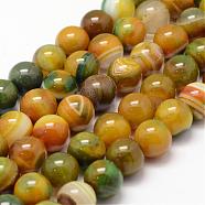 Natural Striped Agate/Banded Agate Bead Strands, Round, Grade A, Dyed & Heated, Yellow Green, 10mm, Hole: 1mm, about 37~38pcs/strand, 14.5 inch(G-K155-A-10mm-08)