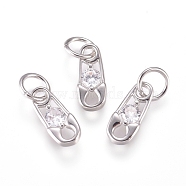 Brass Charms, with Cubic Zirconia and Jump Rings, Safety Pin, Clear, Platinum, 10x4.5x2mm, Hole: 3.5mm(ZIRC-L070-72P)