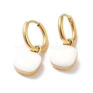 Enamel Square Padlock Dangle Hoop Earrings, Golden 304 Stainless Steel Jewelry for Women, White, 24mm, Pin: 1mm(STAS-H175-22G-A)