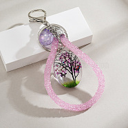 Oval Shape Tree of Life Dried Flower & Glass Keychain, with Iron Key Rings, for Bag Accessories, Medium Purple, 15cm(PW-WG45493-02)
